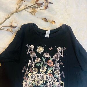 Black Graphic Tee with Skeleton and Floral Design
